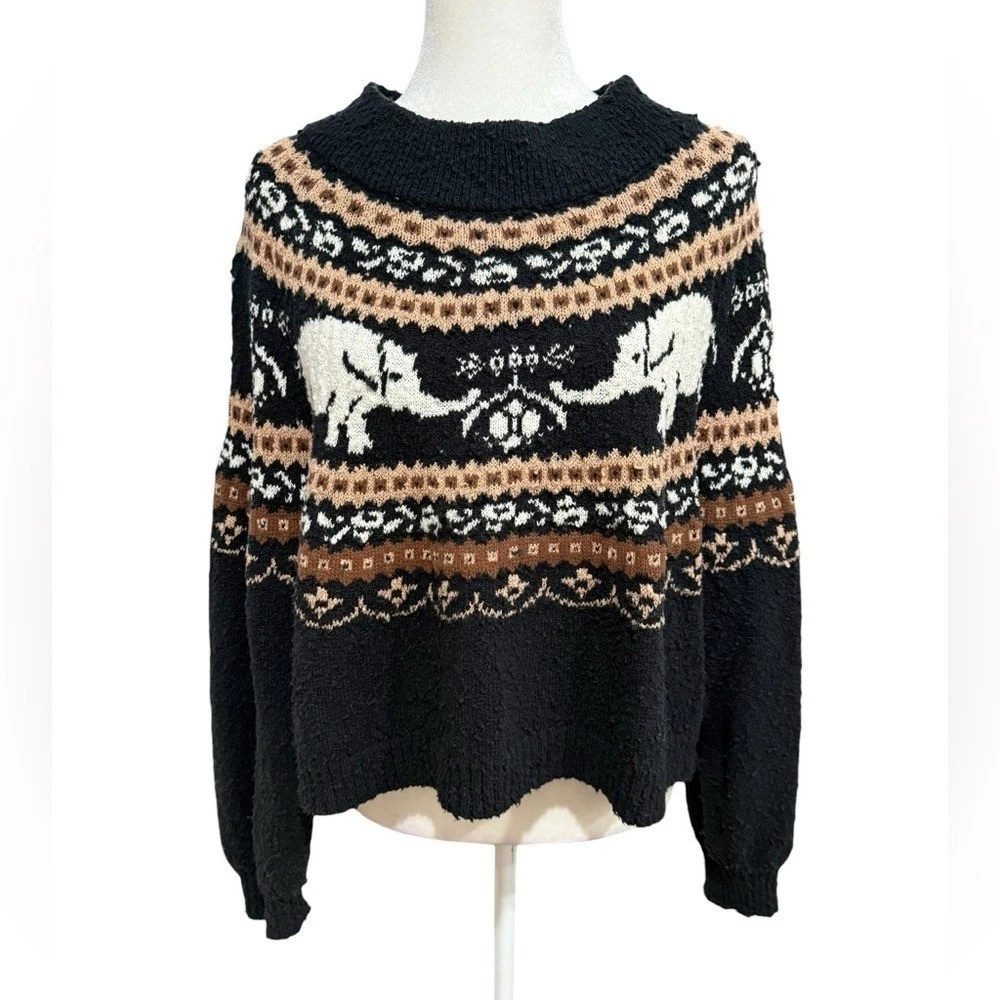Free People Fair Isle Oversized Nellie Elephant Knit Sweater Large‎ Black Brown - Picture 2 of 14